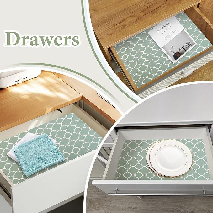 Shelf Liners for Kitchen Cabinets Non Adhesive Drawer Liner 17in x 30FT Light Green Quatrefoil Thickened Shelf Liner Strong Non-Slip Easy to Clean for Tool Box Refrigerator with Knife and Tape Measure