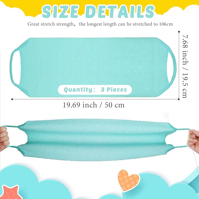 3 Pack Exfoliating Back Scrubber with Handles Exfoliating Washcloth Nylon Extended Length Body Exfoliator Brush Stretchable Pull Strap Back Washer for Shower Long Bath (Pink, Blue, Yellow)