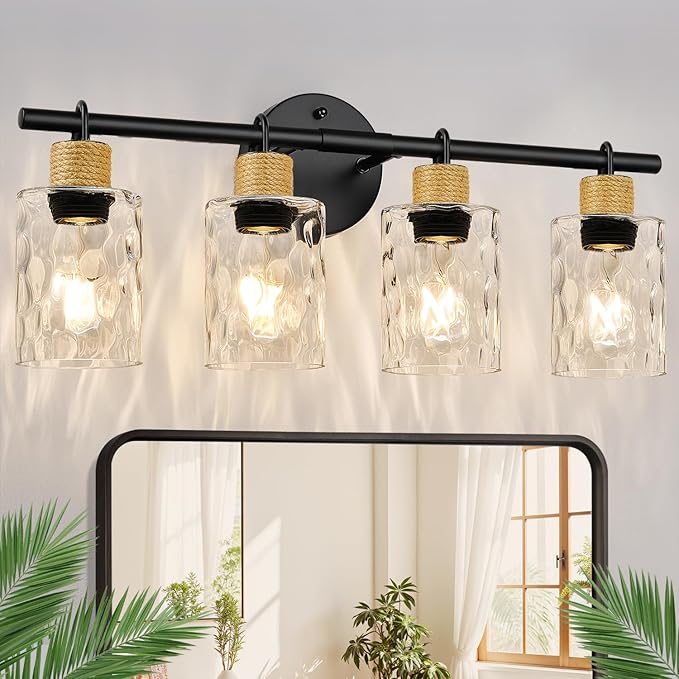 Bathroom Light Fixtures, 4-Light Coastal Vanity Lights with Crystal Glass Shade, Black Bathroom Wall Lamp for Mirror Kitchen Hallway Cabinet