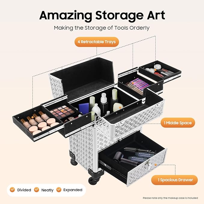 Professional Makeup Case on Wheels with 4 Universal Wheels Rolling Cosmetic Case 13.4 * 9.8 * 18.5in for Salon Travel Silver Mobile Makeup Station with Drawer