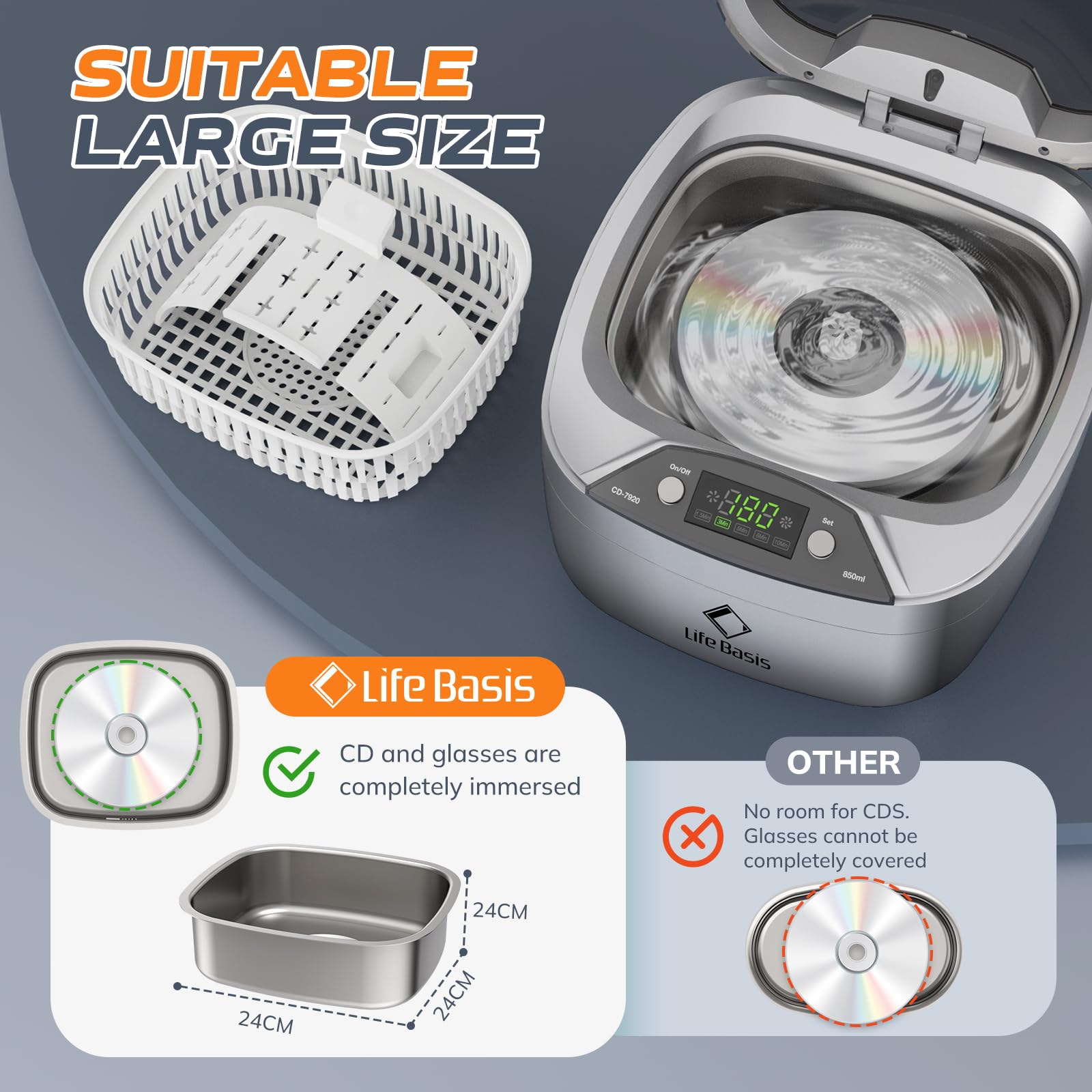 LifeBasis 28oz Professional Ultrasonic Cleaner, 42kHz Jewelry Cleaner