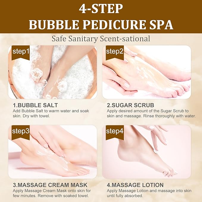 nbc BeautiLab Pedicure Kit Foot Soak Set: Bubble Salt, Sugar Scrub, Massage Mask, Massage Lotion in a Box, 4 Step Foot Spa Kit for Dry Feet,Tired Feet（3 Set Golden petals)