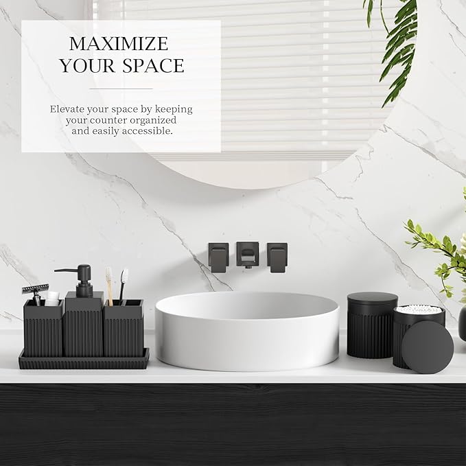 InnJoey 6-Piece Black Bathroom Set - Sleek Resin Organizer with Soap Dispenser, Toothbrush Holder, Vanity Tray, Tumbler & Apothecary Jars for Small Spaces