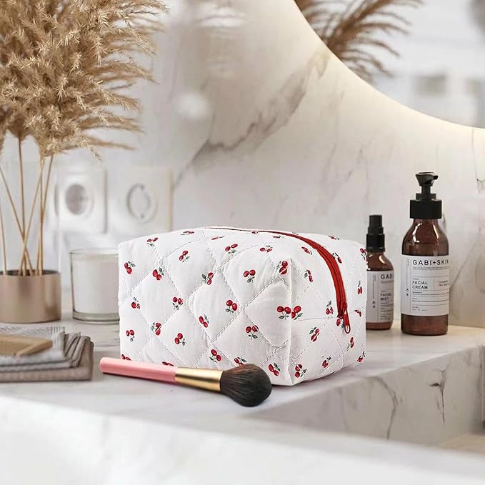 MZLUWM Floral Makeup Bag,Floral Quilted Makeup Pouch,Large Cosmetic Bag,Fashionable Travel Makeup Pouch, Cute Cherry Make up Bag,Puffy Coquette Makeup Bag, Attractive Quilted Make up Bag