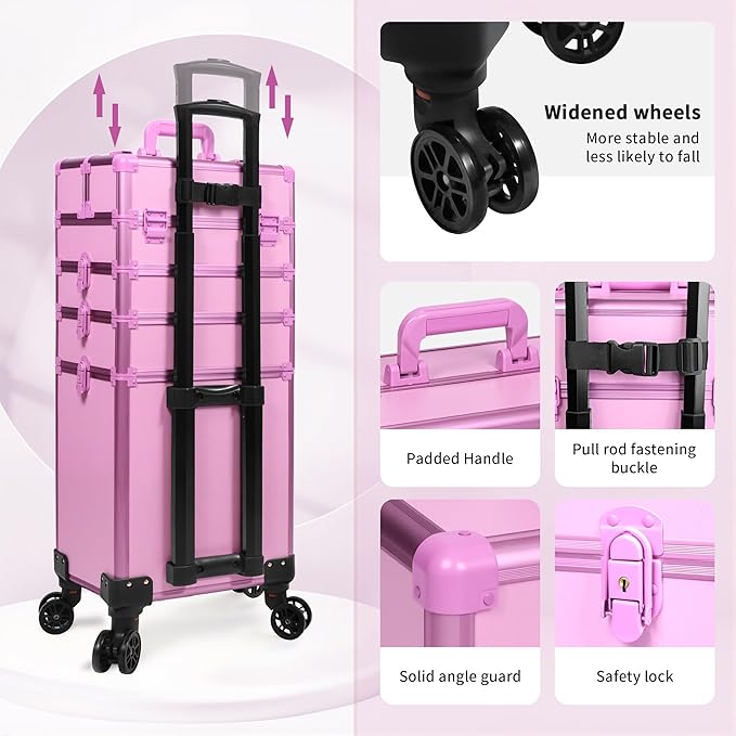 JINGUAN Professional Rolling Makeup Train Case with Lid, 5 in 1 Cosmetology Case on Wheels, Large Cosmetic Trolley Organizer Travel for Hairstylist Artist Nail Beauty Salon Barber, Pink
