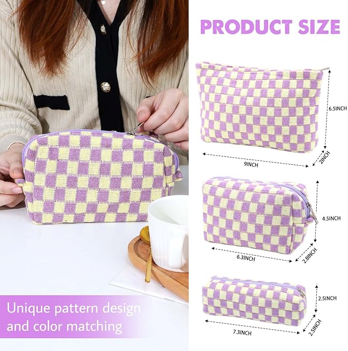 Gocvo 3 Pcs Makeup Bag Checkered Cosmetic Bag Large Capacity Traveling Toiletry Pounch Organizer Cute Makeup Brushes Aesthetic Accessories Storage Bag for Girls Women (Purple-White)