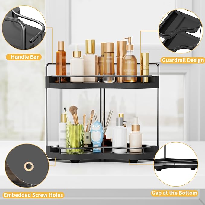 Aollewoiti 2-Tier Corner Bathroom Counter Organizer with Embedded Screw Holes, Secure & Stable Wood Vanity Shelf for Makeup and Skincare Essentials - Space Saving Bathroom Countertop Storage, Black