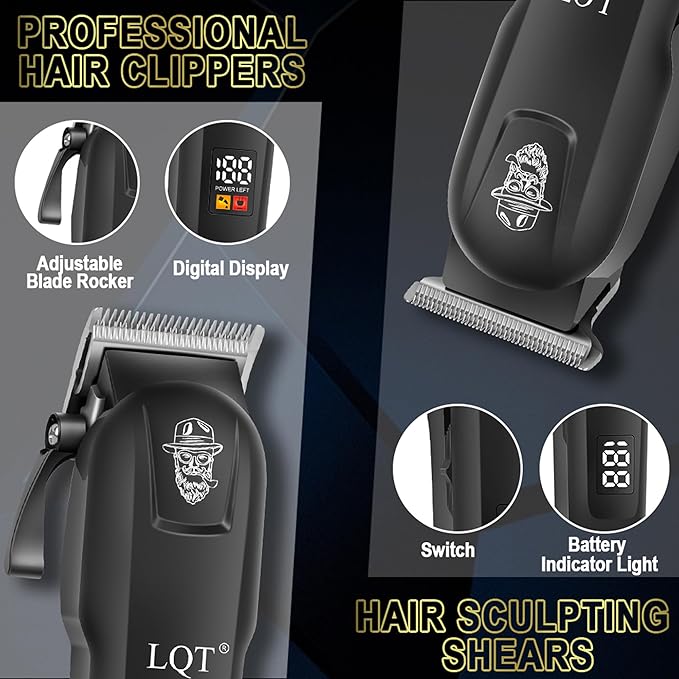 Hair Clippers for Men, 4-Piece Professional Grooming Kit Includes Hair Clipper, LED Power Display,Detail Trimmer and Nose Trimmer, Complete Cordless Set for Home Barber Use (Black)