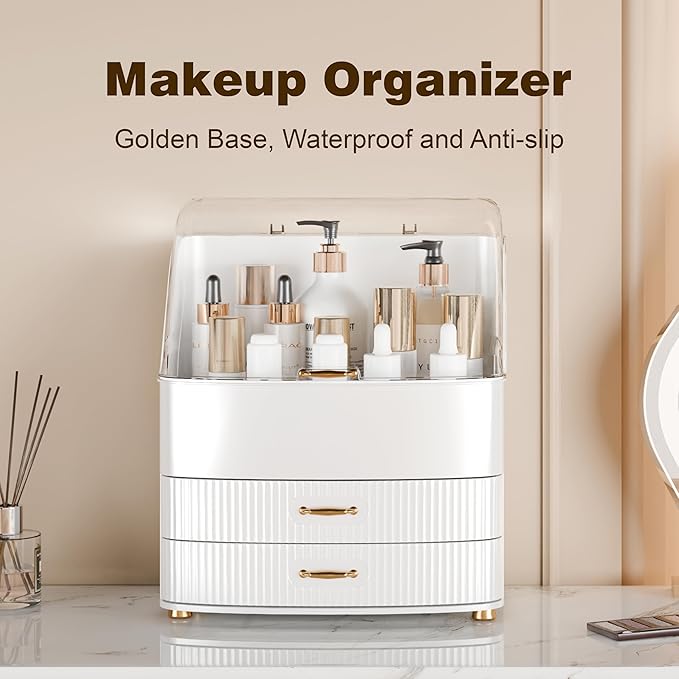 Plukers Makeup Organizer Countertop Vanity with Transparent Lid Drawers Waterproof Dustproof Cosmetic Skincare Bathroom Storage Gift for Women Teens Girls (White)