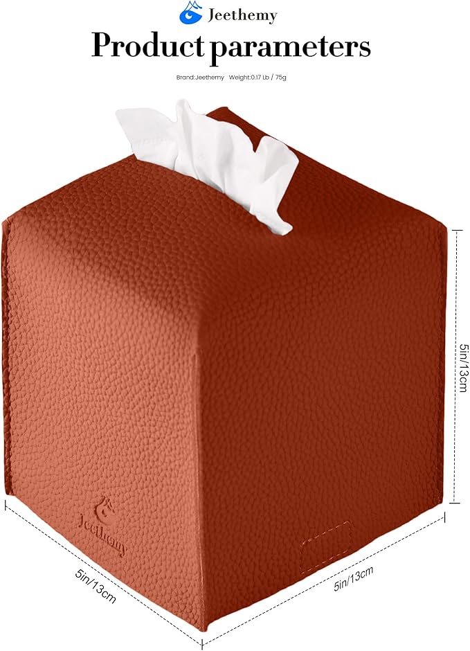 Tissue Box Cover, Jeethemy Square PU Leather Tissue Box Holder, Modern Tissue Case Facial Paper Organizer Dispenser，5X5X5'',Single Brick Red