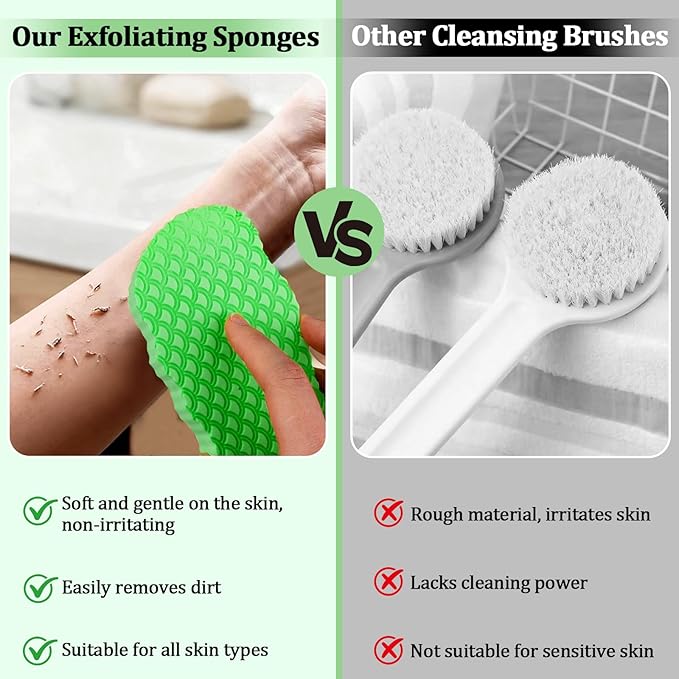 2Pcs Magic Exfoliating Bath Sponge, 3D Ultra Soft Deep Cleansing Body Sponge with Lanyard, Gently and Painlessly Removes Dead Skin & Impurities, Skin Friendly Reusable Sponges (Blue + Dark Green)