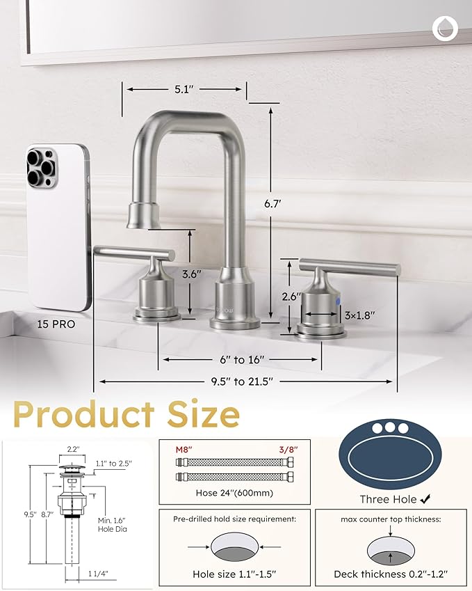 WOWOW 2 Handles 8 inch Widespread High Arc Bathroom Faucet Brushed Nickel Lavatory Faucet 3 Hole 360°Swivel Spout Modern Sink Basin Faucets