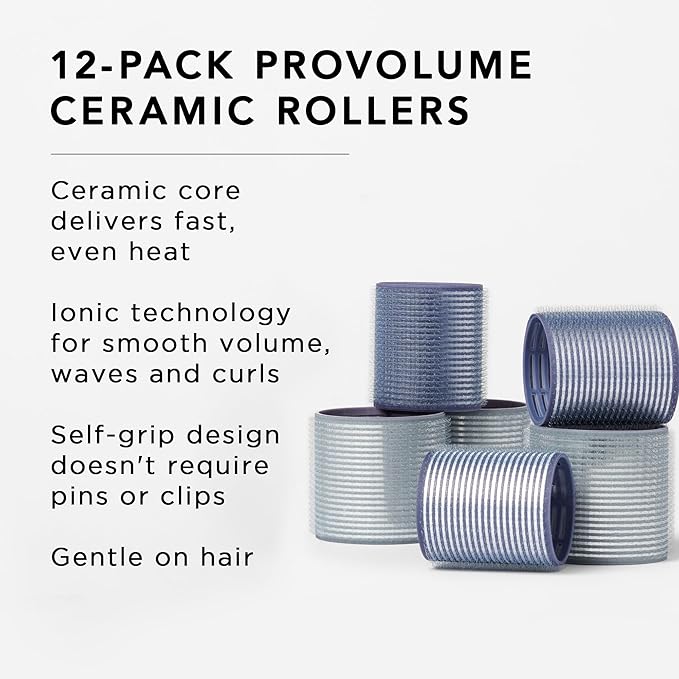Fromm ProVolume Self-Grip Ceramic Ionic Thermal Hair Rollers, Set of 12 – Six 2" & Six 2.5" Professional Grade Rollers for Medium to Long Hair for Volume, Soft Waves, & Curtain Bangs, Hot Hair Rollers