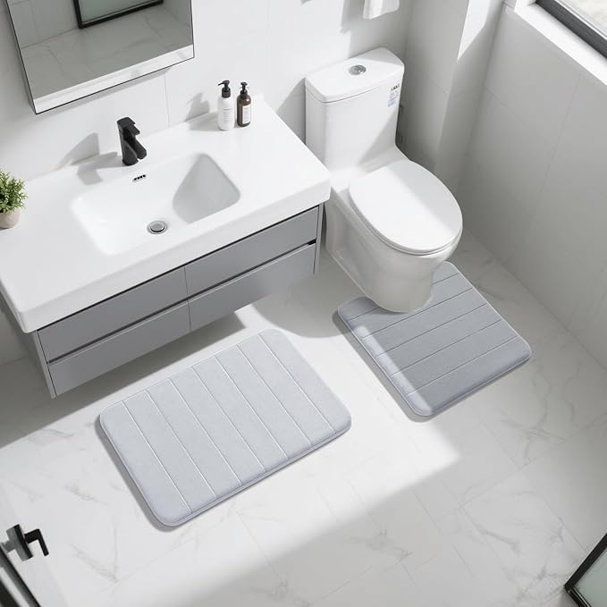 Yimobra Memory Foam Bath Mat Set 2 Piece - Super Soft Absorbent Quick Dry Bathroom Toilet Rugs, Machine Washable Non Slip Floor Carpet for Tub Shower & Single Sink (31.5x20 & 24x20, Silver)