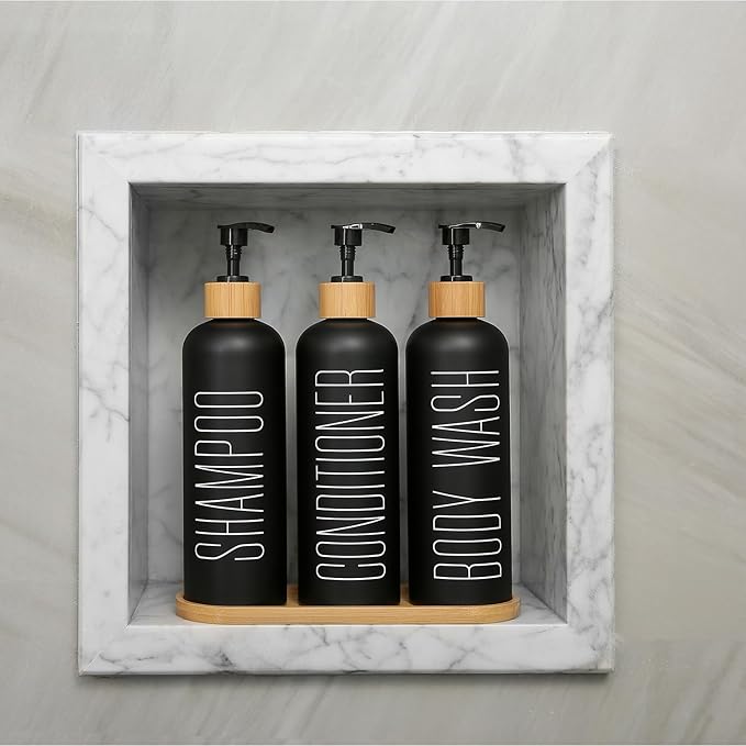 Prus Waso Shampoo and Conditioner Dispenser with Bamboo Pumps & Tray, Perfect for Bathroom Essentials for New Home (Black)