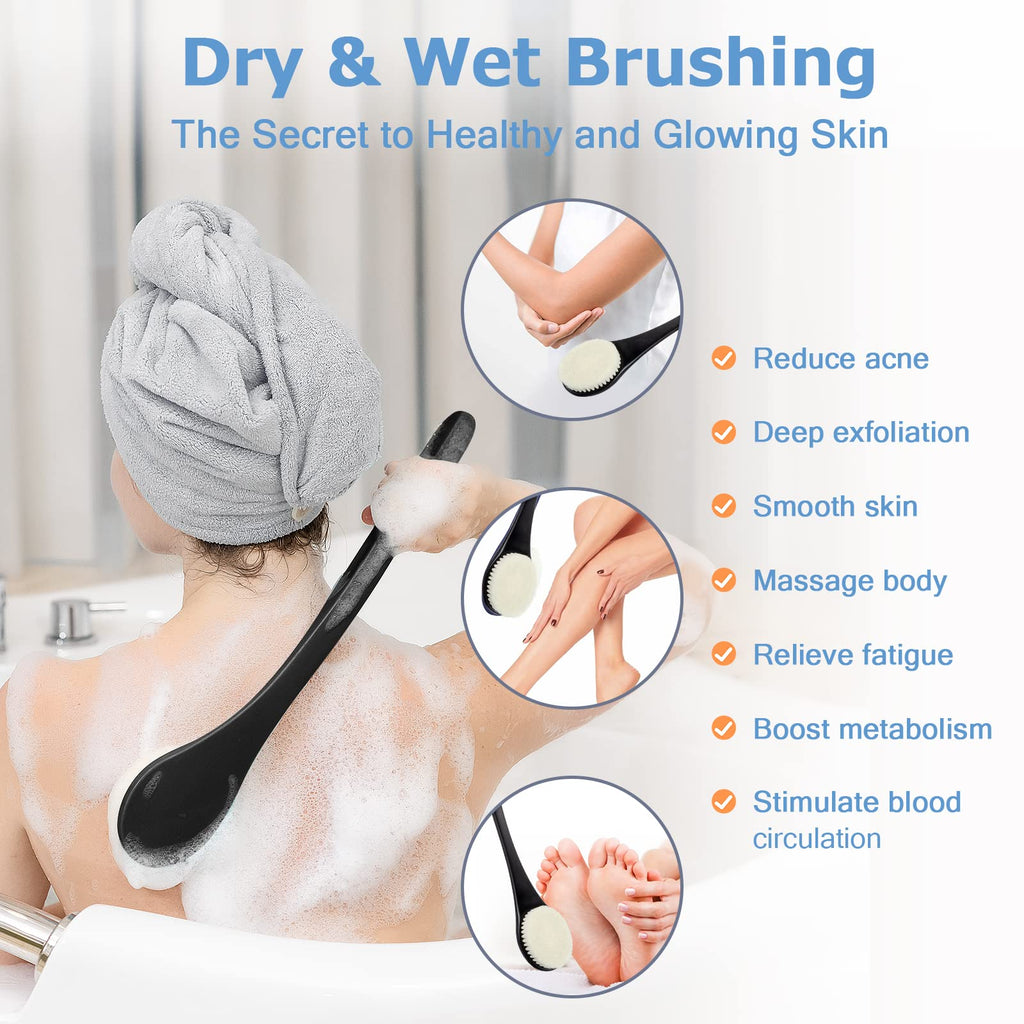 Body Back Scrubber – 17'' Long Handle Shower Brush, Durable Exfoliator for Dry & Wet Use, Deep Cleansing & Gentle Exfoliation for Smooth Skin – for Men, Women & Elderly (Black)