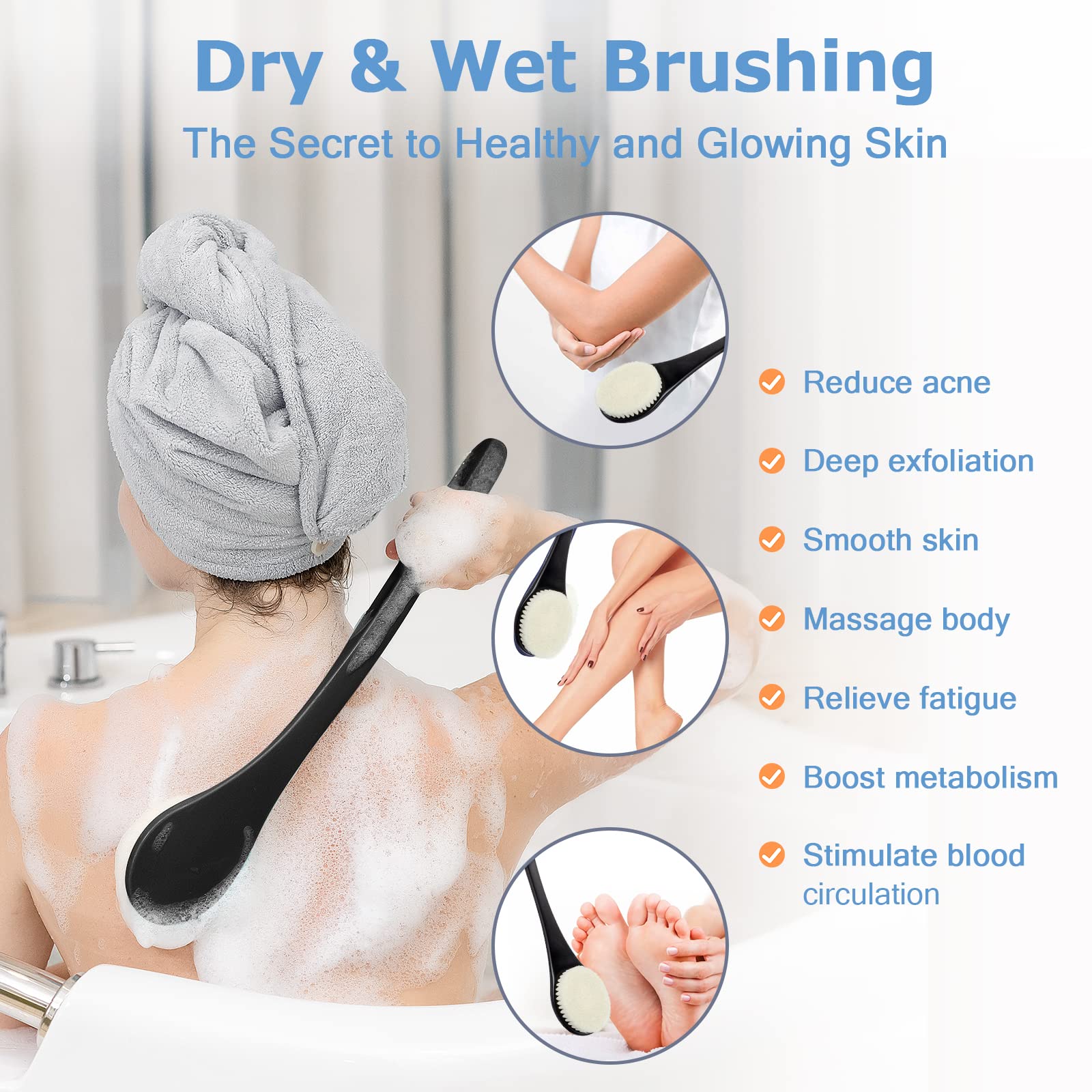 Body Back Scrubber – 17'' Long Handle Shower Brush, Durable Exfoliator for Dry & Wet Use, Deep Cleansing & Gentle Exfoliation for Smooth Skin – for Men, Women & Elderly (Black)