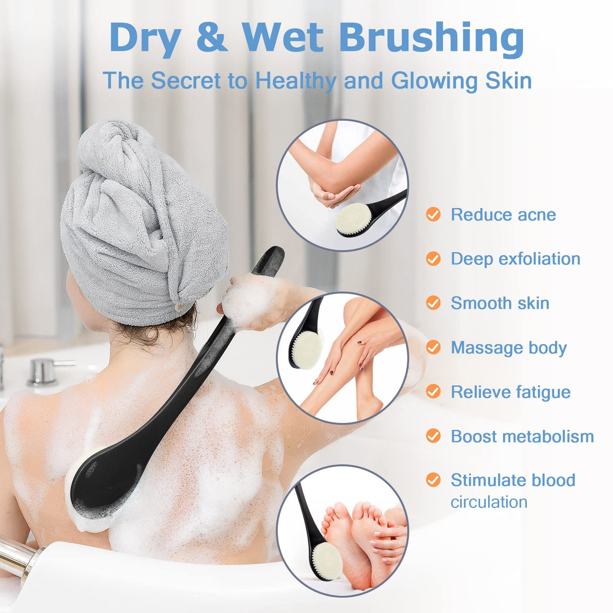 Body Back Scrubber – 17'' Long Handle Shower Brush, Durable Exfoliator for Dry & Wet Use, Deep Cleansing & Gentle Exfoliation for Smooth Skin – for Men, Women & Elderly (Black)