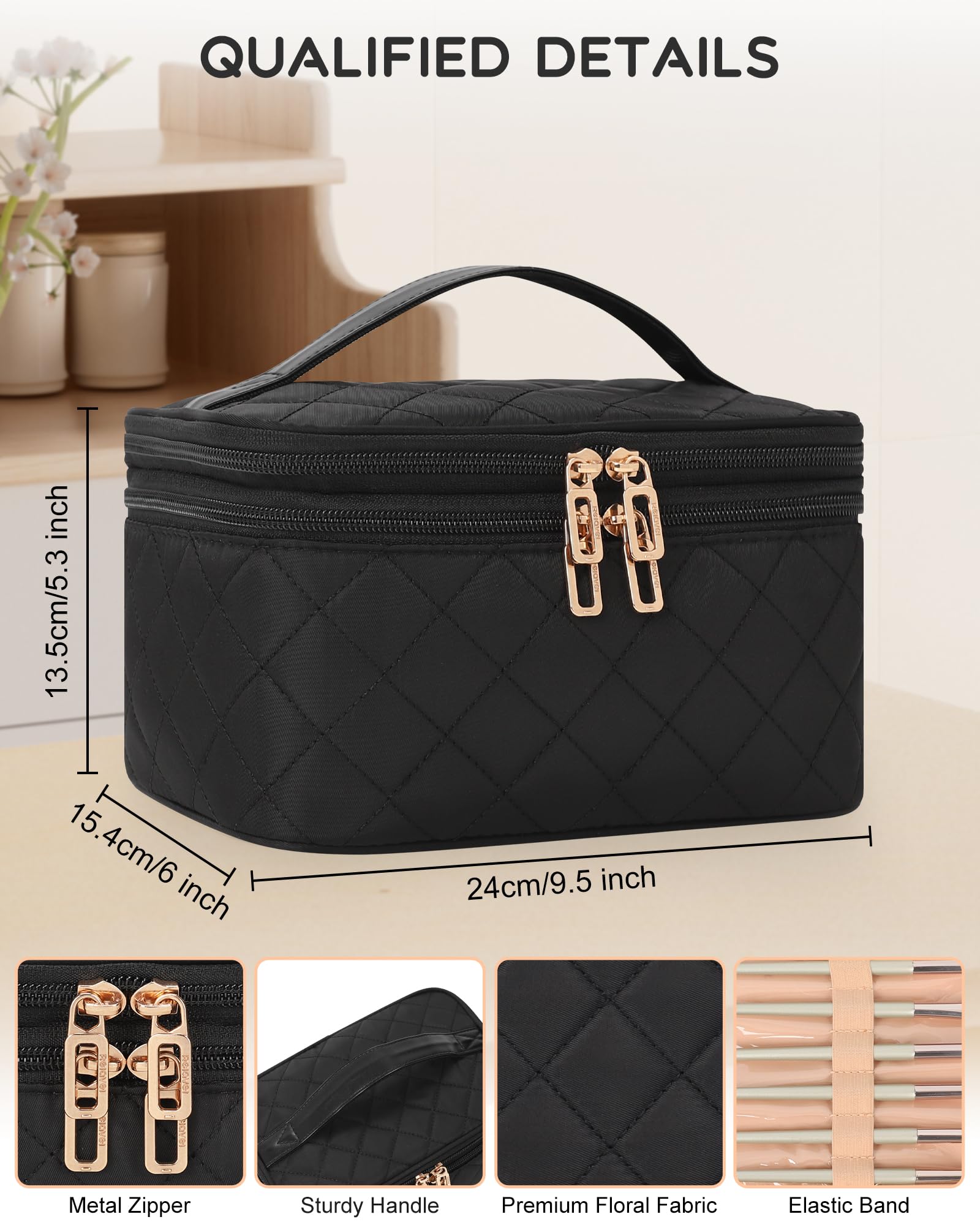 Relavel Travel Makeup Bag, Large Cosmetic Bag with Separate Makeup Brush Compartment, Cute Make Up Pouch for Women, Double Layer Toiletry Organizer Bag for Travel - Black