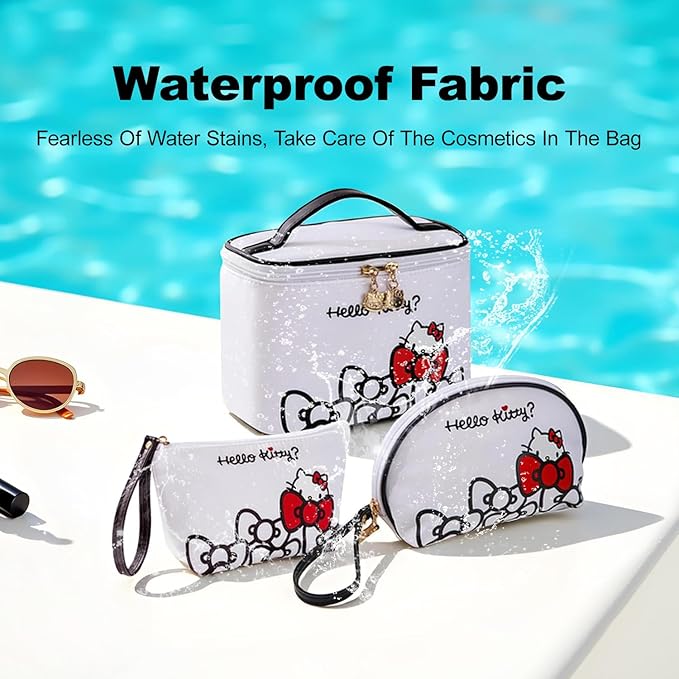 Vimanllie Travel Makeup Bag Large Cosmetic Bags with Brush Holder,White Waterproof 3PCS Portable Cosmetic Case for Women,Toiletry Bag for Skincare&Beauty Tools for Her