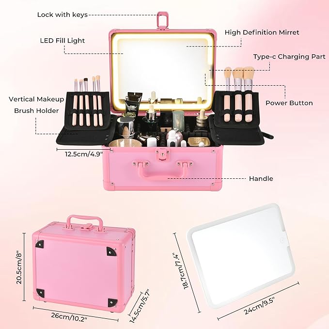 GALHUBIS Makeup Case with Lighted Mirror, Makeup Box Organizer with Detachable LED Mirror, Travel Makeup Train Case, Waterproof Cosmetic Organizer, Standing Brush Holder, Gift, Pink