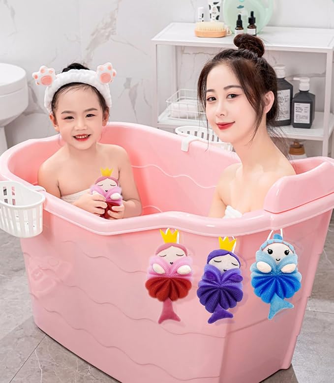 MURRI&MURRDI 3 Pack Kids Bath Sponges,Soft Animal Shower Poufs, Gentle Exfoliating Body Scrubber for Toddlers, Cute Cartoon Mesh Loofah Gift Set for Boys & Girls