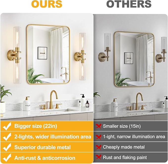 Brushed Gold Wall Sconces, Hardwired Bathroom Sconces Wall Lighting with Clear Glass, Modern Sconces Wall Light fixtures for Bathroom Mirror Living Room Hallway Bedroom
