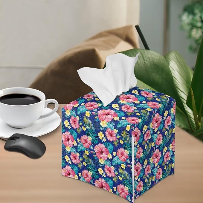 Tropical Flowers Tissue Box Cover, PU Leather Square Tissue Holder with Secure Metal Button, Waterproof and Stylish Napkin Dispenser for Home, Office, Car, and Bathroom Decor