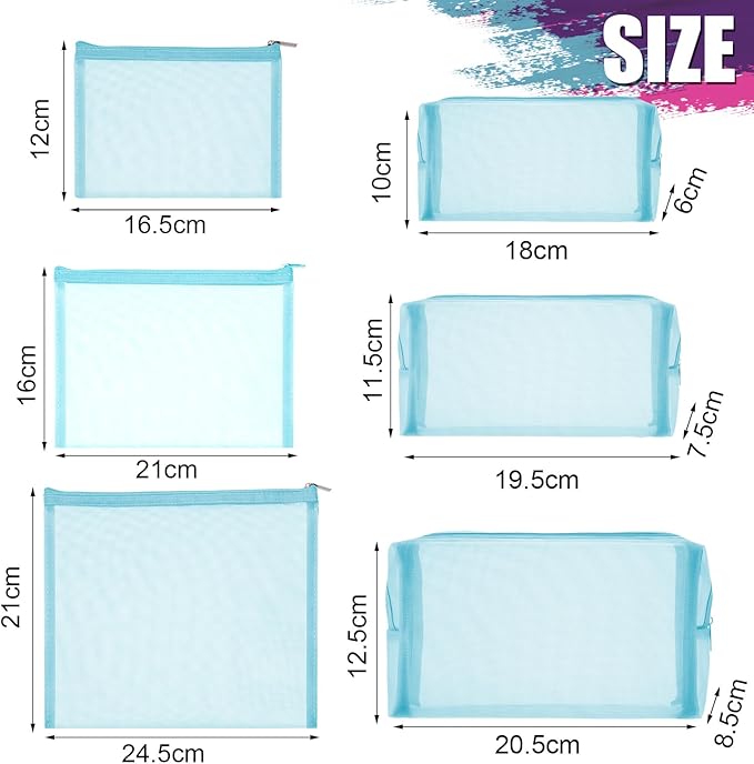 Boao 6 Pieces Mesh Makeup Bags Mesh Cosmetic Bag Portable Travel Organizing Zipper Pouch Toiletries Makeup Pouches for Home Office Travel Accessories(Light Blue)