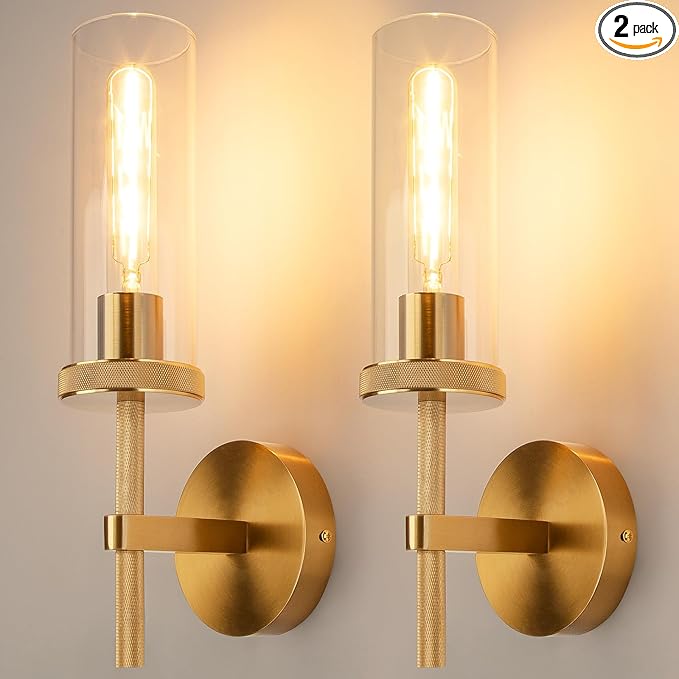 15" Knurled Gold Hardwired Wall Sconces Set of 2, Bathroom Vanity Light Fixtures with Clear Glass Tube, Modern Lamp Lighting for Bedroom, Living Room, Hallway, Staircase, Mirror, Kitchen