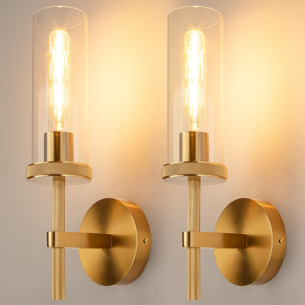 Micstar 15" Knurled Gold Hardwired Wall Sconces Set of 2, Bathroom Vanity Light Fixtures with Clear Glass Tube, Modern Lamp Lighting for Bedroom, Living Room, Hallway, Staircase, Mirror, Kitchen