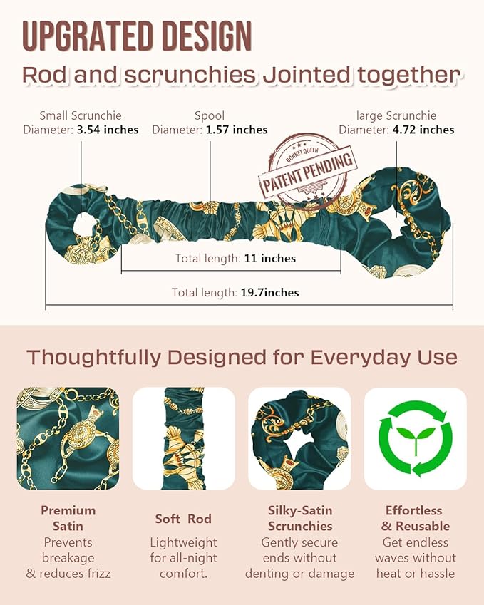 BONNET QUEEN Large Satin Heatless Hair Curler for Long Thick Hair, Heatless Curls Overnight, Hair Curlers to Sleep In, Damage-Free Waves for Women with Built-in Scrunchie, Dark Green