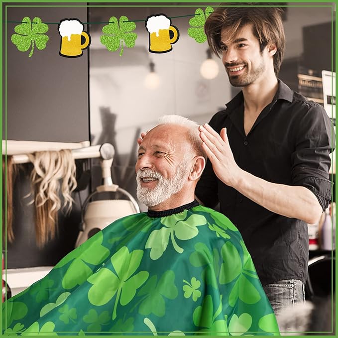 FEBSNOW Professional Barber Cape Independence St. Patrick's Day Salon Green Hair Cutting Cape with Adjustable neckline and Neck Duster Brush Barber Shop Supplies 46.8 × 56 Inch (clover pattern)