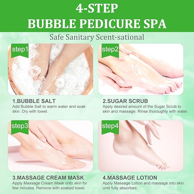 nbc BeautiLab Pedicure Kit Foot Soak Set: Bubble Salt, Sugar Scrub, Massage Mask, Massage Lotion in a Box, 4 Step Foot Spa Kit for Dry Feet, Calluses and Tired Feet（3 Set Peppermint）