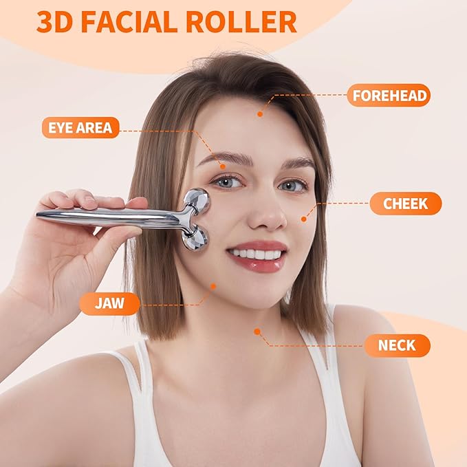 InfiniteRelax Metal Facial Roller Massager, 3D Cooling Face Massage Tool for Reduce Puffiness, Remove Eye Wrinkles, Face Lifting, Increase Firmness, Anti-Aging, Skin Tightening