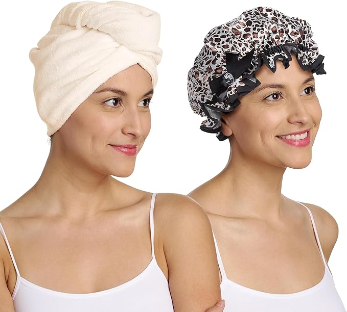 Turbie Twist Microfiber Hair Towel Wrap & Stylin' Shower Cap for Beauty, Travel, Gifting - Luxury Shower Cap & Hair Turban - Beauty Essentials for Personal Care - Tan & Leopard Print