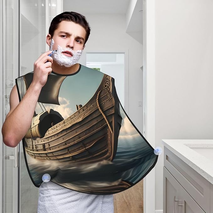 Old Viking Boat Print Beard Bib Apron For Men, Beard Hair Catcher For Men Shaving Trimming,Beard Cape Cloth