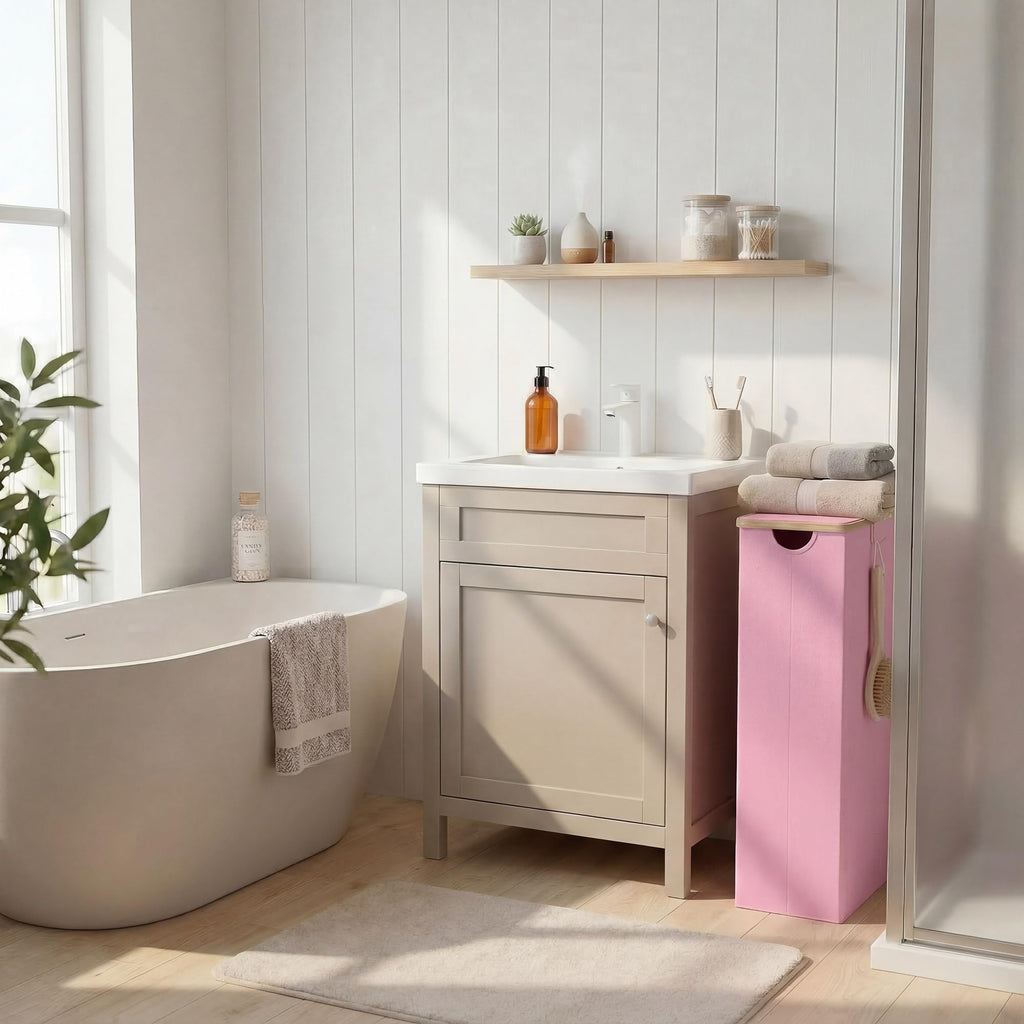 efluky Slim Laundry Basket with Lid, Narrow Laundry Hamper with Removable Bag, Skinny Dirty Clothes Basket with Bamboo Handles for Bathroom, Bedroom & Laundry Room, 65L Pink