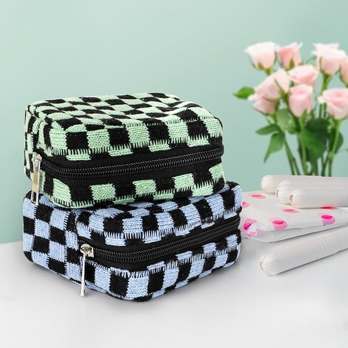 CekPo Sanitary Napkin Storage Bag, Menstrual Pad Zipper Bag Checkered Portable Period Bag Panty Liners, Tampon Storage Pouch for Women Ladies Daily Use Storage Purse Travel