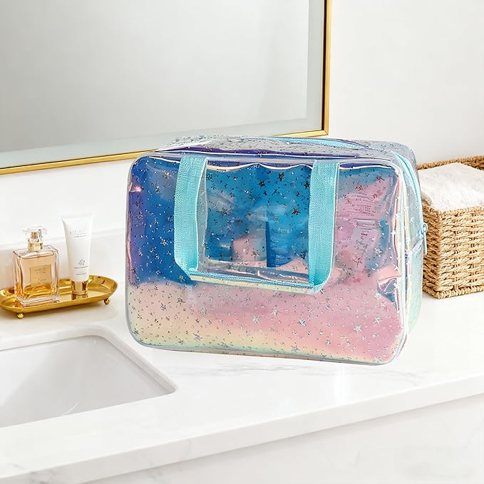 TotePrint Holographic Blue Clear Star Large Cosmetic Bag and TPU Travel Pouch with Handle,Durable Material,Zipper Design-Ideal for Makeup,Travel Essentials (Holographic Blue+Stars)