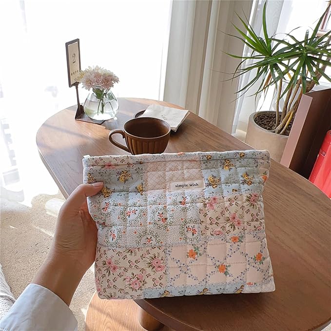 Sminra Quilted Floral Makeup Bag for Women, Cotton Cosmetic Pouch with Zipper, Slim Travel Toiletry Organizer for Makeup, Skincare and Daily Essentials Organizer (Blue Floral-L)