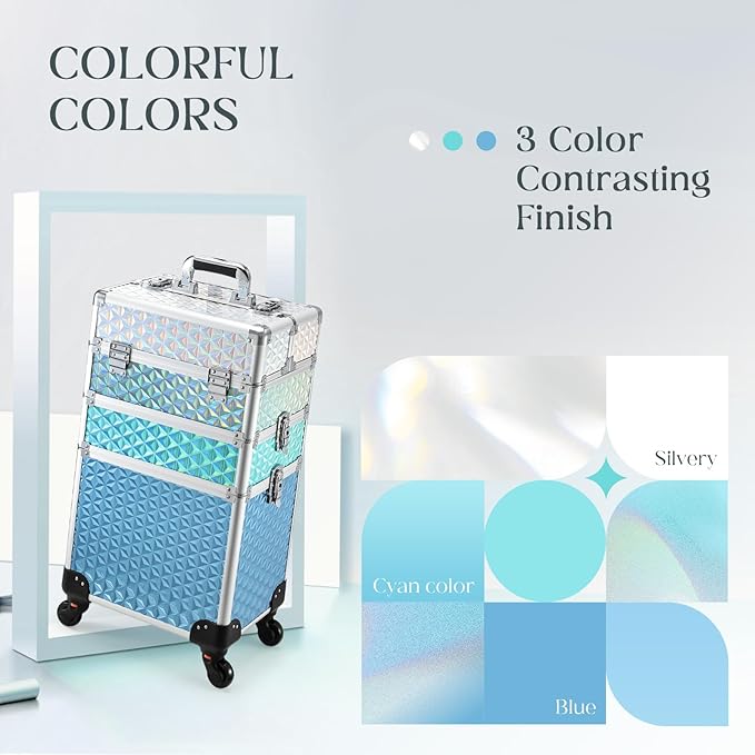 Adazzo Professional Rolling Makeup Train Case 3 in 1 Aluminum Trolley Case with 360° Rotation Wheels for Makuep Artist Cosmetic Suitcase Organizer with Lock and Key Diamond Pattern - Turquoise Cascade