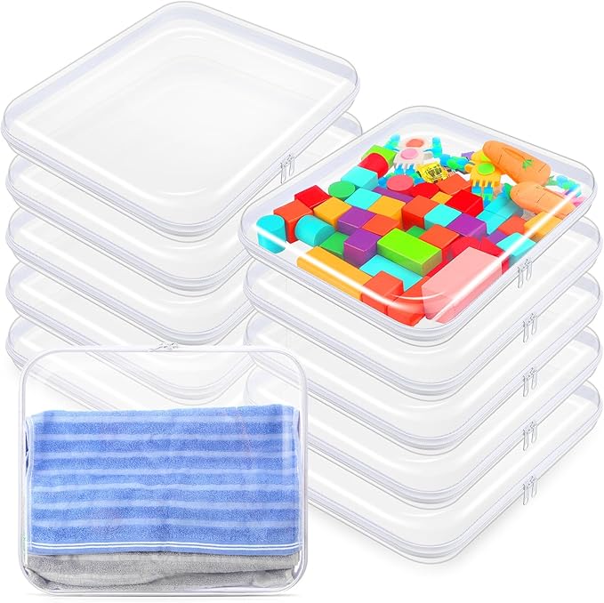 Sanwuta 10 Pcs Hard Zipper Case Clear Hard Pouches Plastic Zipper Pencil Portable Box Toy Storage Bins Plastic Container for Travel Toiletry Office Cosmetic Block Puzzle Organizer (L,Clear)