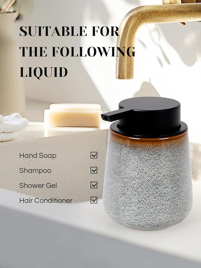 INGOFIN Ceramic Foaming Soap Dispenser -12oz Foam Hand Soap Dispenser Bathroom, Modern Refillable Dish Wash Soap Bottle for Kitchen with Large Pump,Kiln-Glazed Grey White