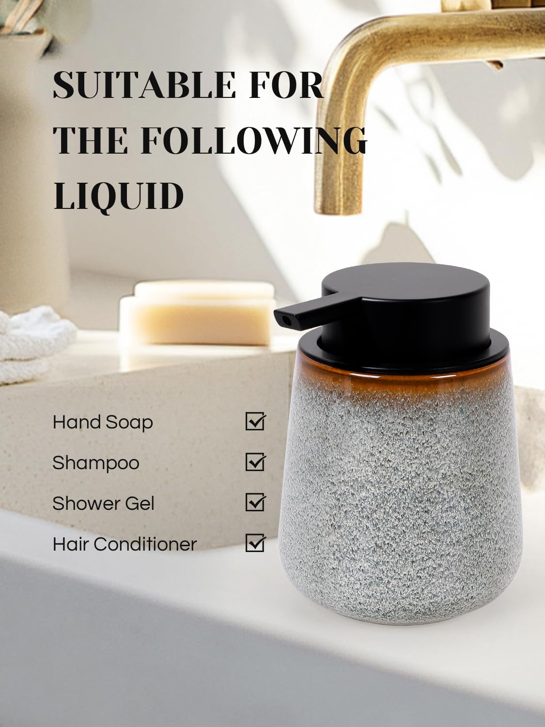 INGOFIN Ceramic Foaming Soap Dispenser -12oz Foam Hand Soap Dispenser Bathroom, Modern Refillable Dish Wash Soap Bottle for Kitchen with Large Pump,Kiln-Glazed Grey White