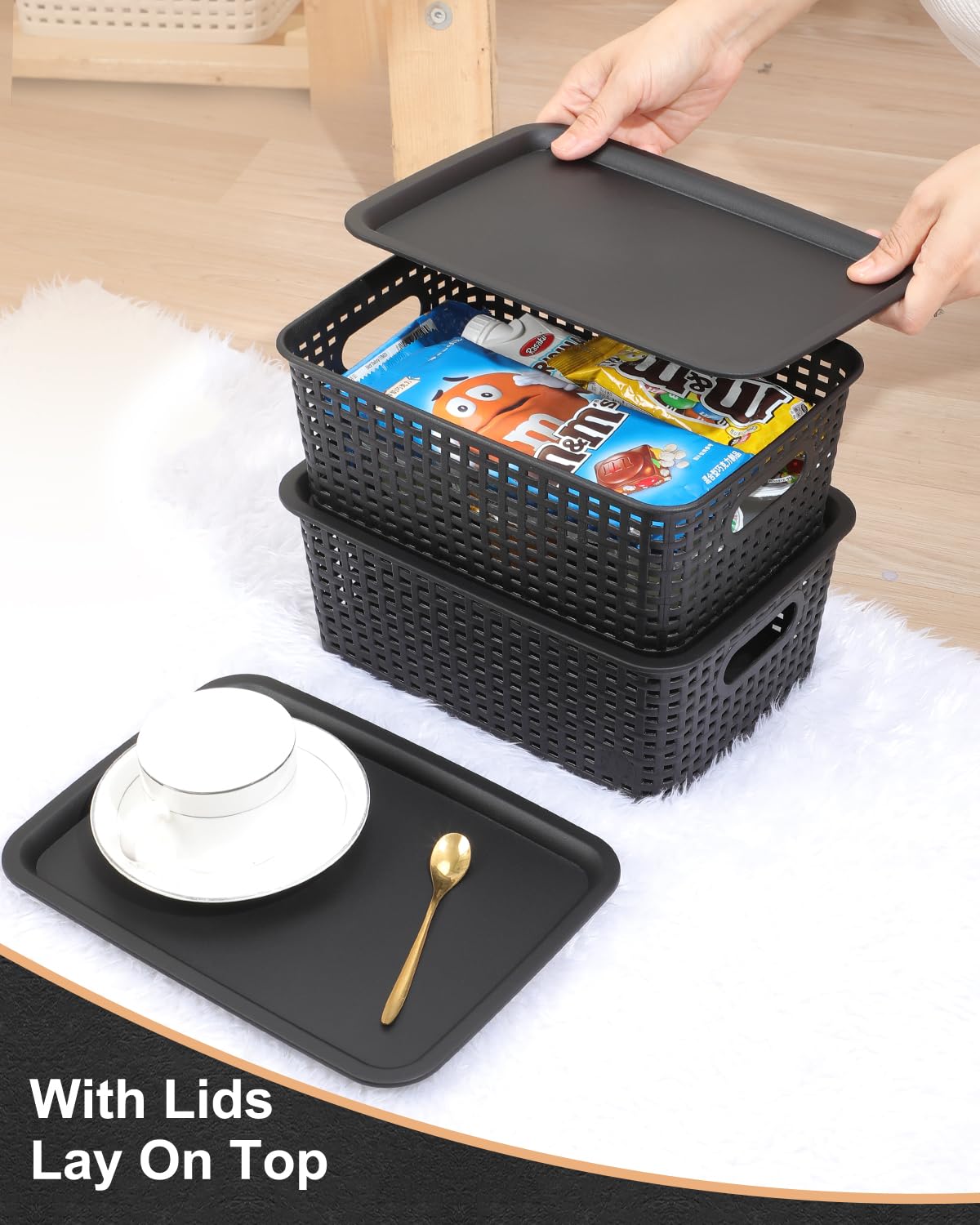 Storage Bins Plastic Storage Baskets With Lid Small Baskets for Organizing Stackable Storage Container Organizer Bins for Shelves Drawers Desktop Playroom Classroom Office, 6 Pack,Black