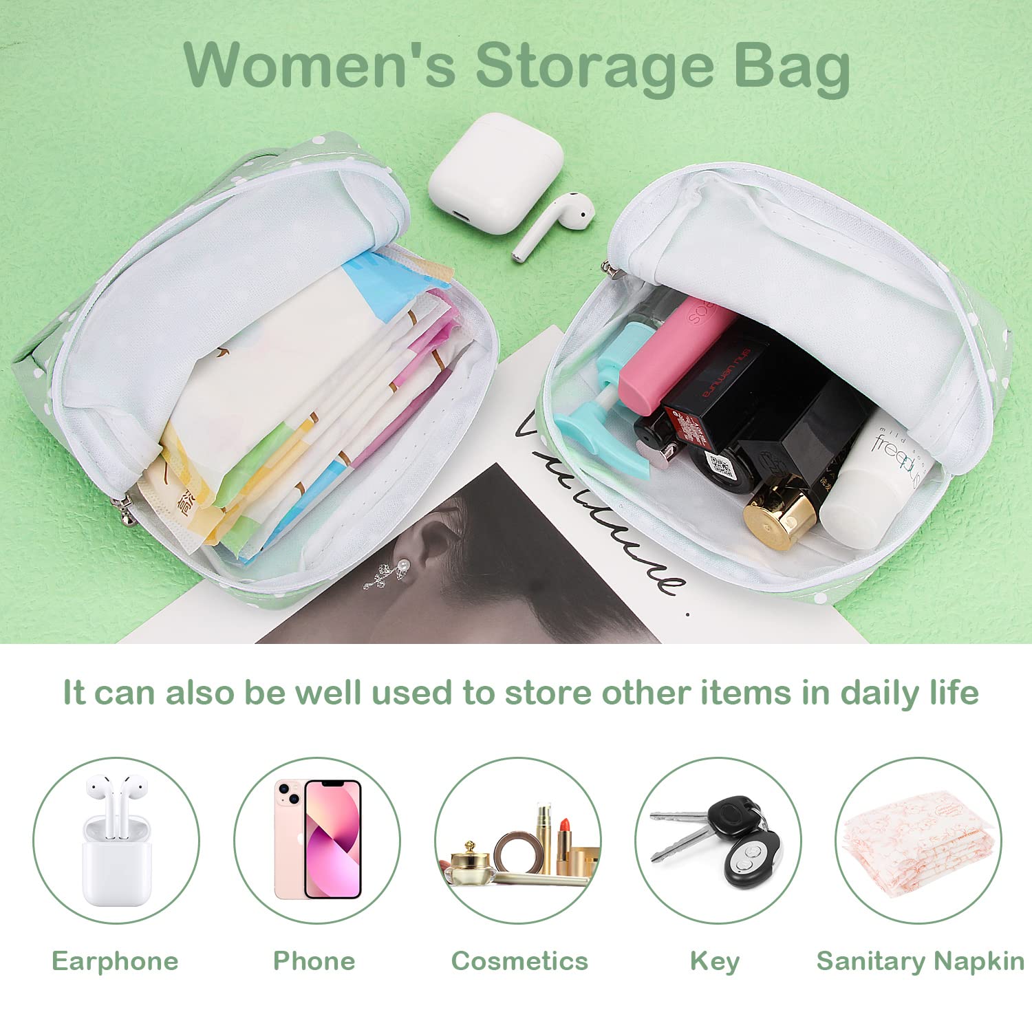 Desing Wish Sanitary Pad Storage Bag Portable Period Bag for Teen Pads/Sanitary Napkins/Small Tampons, Sanitary Napkin Storage Bag First Period Gifts for Teen Girls (Green Dot)