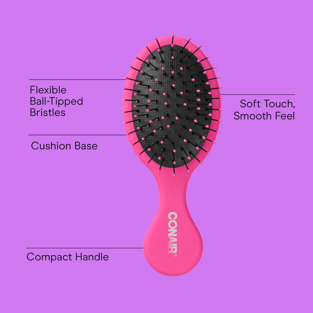 Conair Detangling Mini Hair Brush Set, 3-Pack Detangler Brushes for Wet or Dry Hair, Gentle Detangler for All Hair Types, Bristle Hair Brushes for Women, Travel Size, Pink, Gray, and Blue