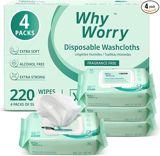 WhyWorry Extra Large Wet Wipes for Adults, 8" x 12", Unscented, 220 Count