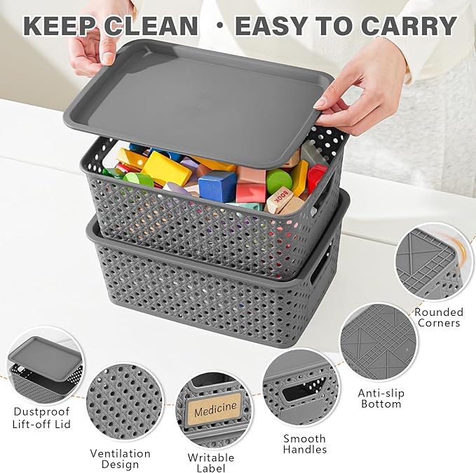 10 Pack Plastic Storage Bins with Lids, Stackable Plastic Storage Baskets for Organizing with Handles, Organizer Bins with Labels for Room, Craft, Containers for Pantry Organizers and Storage, Grey